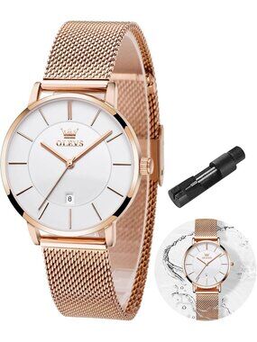 Women's Rose Gold Mesh Stainless Steel Slim Thin Waterproof Luxury Wrist Watch